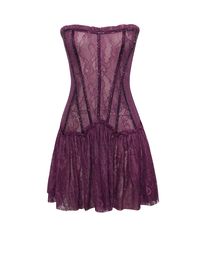 Experience the allure of Verna, a stunning strapless lace mini that exudes elegance. Embedded with hand-placed deep purple rhinestones along the neckline and bone casing, this design features a fully boned drop-waist corset with intricate ruffle lace detailing. The two layers of ruched purple lace create a mesmerizing