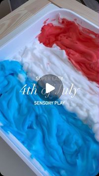 Megan Hendel on Instagram: "Our favorite sensory play is always the messiest 🤪 

Super quick and easy to create. Only takes shaving cream + food coloring 🇺🇸 (can sub whipped cream for the shaving cream) 

Let me know if you try! 

#parentinghack #sensoryfun #sensoryplay #toddlerfun #toddleractivities #quickeasyplay #playathome #playideas #preschool #montessori #independenceday #playingislearning"