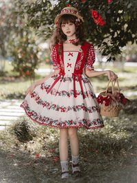 This adorable lolita one piece features a charming red cherry and bunny print, perfect for adding a touch of whimsy to your wardrobe. The gingham patterned sleeves, elasticized back, and side zipper add to the unique cottagecore aesthetic, while the square neckline and puff sleeves complete the look with a sweet and playful touch. Ideal for those who love to embrace the cute and vintage-inspired style of lolita fashion.   	 		 			Size 			S 			M 			L 		 		 			Full Length 			89 			92 			95