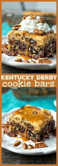 Kentucky Derby Cookie Bars – You haven’t had derby pie like this – a chocolate chip cookie crust is topped with a Derby Pie filling made with pecans, chocolate chips, and a hint of bourbon. Oh and don’t forget to top them with gooey homemade bourbon caramel sauce! #kentuckyderby #derby #chocolate #recipe #dessert #bourbon #caramel #bars