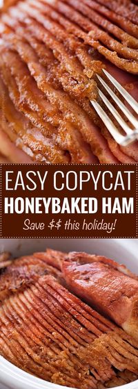 This copycat HoneyBaked ham is succulent and tender, with the most amazing crispy sweet glaze! Made with honey, sugar, and plenty of mouthwatering spices, you'll be amazed at how easy it is to make this ham at home and save a TON of money! | #copycatrecipe #ham #honeybakedham #holidaydinner #easter #thanksgiving