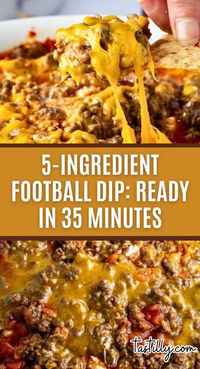 Football Party Favorite | This 5-ingredient football dip is a must-have for your next party! Cheesy, meaty, and loaded with flavor, it’s layered and baked to perfection. You can easily switch up the protein and add extra toppings to make it your own. It’s the ultimate crowd-pleasing dip that will keep everyone coming back for more! Try it for your next game day! #footballdip #partyfood #easyrecipes