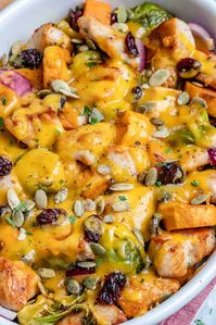 This Easy to make Harvest Chicken Casserole Recipe is made with chicken breast, sweet potatoes, Brussel sprouts, and other feel-good fall ingredients. It makes for a complete quick and nutritious healthy dinner recipe that the whole family will enjoy. #chickenrecipe #fallrecipe #casserole #chickencasserole #harvestchickencasserole #bakedchicken #healthycasserole