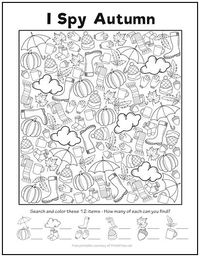 This free printable “I Spy” autumn-themed picture activity features leaves, umbrellas, pumpkins, rain boots, and more. Have your child count each item and record the count below the picture, coloring each item as he counts. Not only are these “I Spy” activities fun, they’re educational!