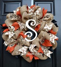 Fall and Halloween Burlap Wreath with rust orange, black and ivory chevron ribbons, and an ivory painted monogram