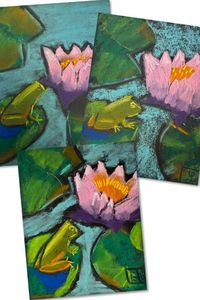 These chalk pastel lillypads and frogs were created on black paper. They were inspired by the chorus of Spring frogs outside the art studio. Follow for more art ideas for kids!