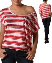 Oversized Red Striped 80's style Burnt-out off shoulders Belly Cropped Top O/S #TagBrand #Blouse