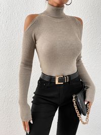 Khaki Casual Collar Long Sleeve Knitwear Plain Basic Tops Embellished High Stretch Spring/Fall Women Clothing