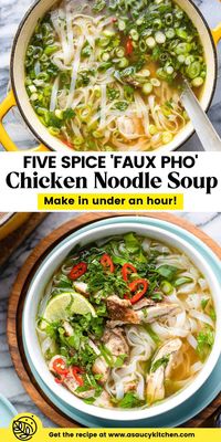 Learn how to make this easy pho recipe: Five-Spice Chicken & Vietnamese Noodle Soup! With the right shortcuts and ingredients, it will be ready in under an hour - just in time for dinner on busy weeknights! 