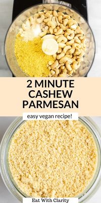 This vegan cashew parmesan is the perfect addition to your salads, pasta, pizza and more. It's savory, takes two minutes to make and completely dairy free. With nut free options, this vegan parmesan recipe is the perfect fridge staple! #cashewparmesan #veganparmesan