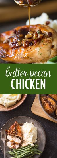 This super easy Butter Pecan Chicken comes together quickly in one skillet, and doesn't have a lot of ingredients. Definitely a winner! #butterpecanchicken #chicken #oneskillet #easydinner