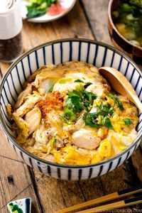 Oyakodon is cooked in one pan where the onions, chicken, and egg are simmered in an umami-rich, dashi-based sauce. It is then poured over a bowl of fluffy steamed rice. Simple, delicious, and utterly comforting, this is the kind of one-bowl meal you can cook in less than 30 minutes! #oyakodon #donburi #ricebowl | Easy Japanese Recipes at JustOneCookbook.com