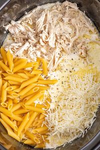 The chicken and pasta are slowly cooked in a creamy homemade Alfredo sauce until pull-apart tender and melt-in-your-mouth delicious!