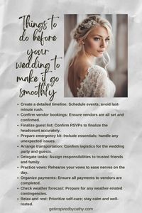 Things to do before your wedding to make it go smoothly.  Tips on making a wedding go smoothly.  Wedding.  Wedding list.  Smooth wedding.  How to make your wedding stress free.  How to have a smooth wedding.  List of things to do before the wedding.  Wedding to do list