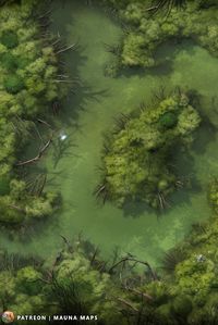 Explore the mysteries of this enchanting swamp battlemap, the perfect stage for your next TTRPG adventure. Dive into a world of strategy and fantasy! Your boots were waterlogged hours ago, but your party continues trudging through the marsh. Danger lurks just below the surface here, and your feet are the least of your concern.