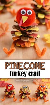 This pinecone turkey is such a fun Thankgiving craft for kids. It's SO EASY to make, using simple craft supplies! Paint a pinecone in autumn colours to make this adorable homemade Thanksgiving decoration. A great fall craft for kids of all ages!