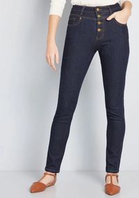 ModCloth Karaoke Seamstress Buttoned Skinny Jeans - 30 in. Dark Denim | ModCloth