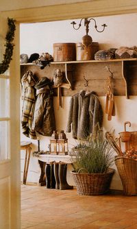 cottage entryway, coat rack- {on a smaller scale for wall between bathroom and kitchen across from garage door. For egg baskets, garden aprons, garden basket etc. One piece of wood from Lowes, with scrap pieces I have would probably do it}