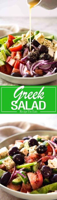 A classic Greek Salad with plump olives and a beautiful homemade Greek Salad Dressing. www.recipetineats.com