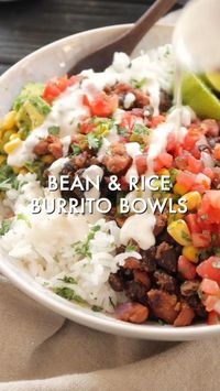 These Bean & Rice Burrito Bowls are the perfect healthy dinner. Black beans, pinto beans, rice, vegan ranch and avocado salsa! #weeknightdinner #easydinner #vegandinnerideas