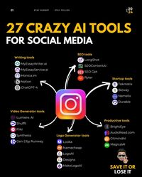 27 crazy Ai Tools 💖🤌  💛 Click SAVE if the post is valuable for you😉  💛FOLLOW @fintechpen for frequent value about AI, Insta, Branding, Content Marketing, Design tips, and tricks🌠  💛Turn on post notifications to be the first when the value drops 😉  Hashtags⚡: #digitalmarketingstrategy #aitools #graphicdesign #artificialintelligence