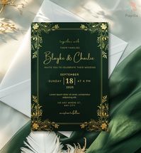 This invitation is a stunning choice for couples looking to add a touch of elegance and sophistication to their special day. The rich emerald green background paired with intricate botanical gold foil details creates a luxurious and timeless look, perfect for an autumn wedding. TRY BEFORE YOU PURCHASE Copy the link and paste it into your browser.   DEMO Link: https://www.canva.com/design/DAGLCMFjAy8/D9YIBA01OO5N7f51UTLJvQ/view?utm_content=DAGLCMFjAy8&utm_campaign=designshare&utm_medium=link&utm_