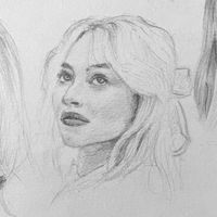 A pencil drawing of Sabrina Carpenter looking up with a bow in her hair #sketch #sketching #drawing #Sabrinacarpenter #sabrina #pencil #art #artwork