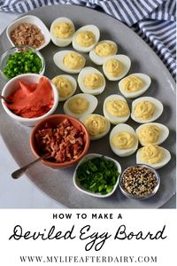 Make this easy to make deviled egg board for a delicious and fun brunch appetizer. Creamy deviled eggs can easily be topped with everything bagel seasoning, jalapeño, bacon, smoked salmon, green onion, or smoked salt. This fun deviled egg board is a great way to give variety without having to make many different deviled eggs. #deviledegg #foodboard #brunch