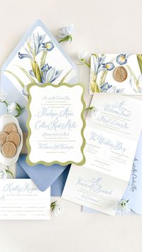 Introducing Penelope, a suite full of life through color, typography, and botanical illustration. Featuring a bright color palette of azure blue and chartreuse, an on-trend wavy edge invitation, and playful script lettering balanced by a sleek secondary typeface. Complete with color envelopes, a tri fold weekend details insert, and finished with a prosecco wax seal.