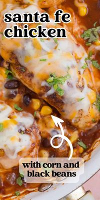 Santa Fe Chicken in a skillet is a flavorful recipe that's quick to make and perfect for any weeknight dinner. Packed with hearty black beans, sweet corn, and melty cheese.