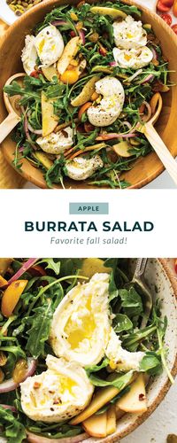 Make this apple burrata salad in the fall, spring, or summer! It is made with arugula, golden raisins, tomatoes, and creamy burrata.