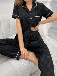 Color Block Piping Detail Button Front Pajama Set | SHEIN