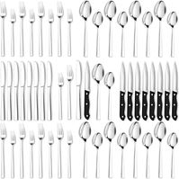 About this item 48 PCS SILVERWARE SET FOR 8 - Our complete Flatware Set includes 8 units of Dinner and Steak Knives, Dinner Spoons and Forks (L and S), and Tea/Dessert Spoons. The Kitchen Sets for Home are an indispensable dining accessory that adds value to any dining experience. STAINLESS STEEL SILVERWARE SET - Crafted from Premium Stainless Steel, this Silverware Set is durable, rust-proof, corrosion-resistant and non-toxic. The sturdy construction of the Kitchen Set ensures that it can withstand regular use without bending or losing its shape, making it a reliable choice for long-term use. STYLISH KITCHENWARE ADDITION: Carefully crafted to provide a perfect balance of form and function, combining aesthetics with practicality. Its stunning mirror finish adds a touch of elegance and soph