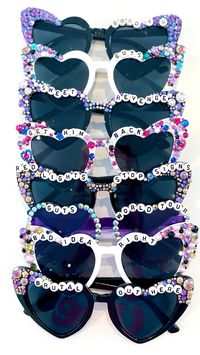 Shop our Olivia Rodrigo Concert sunglasses. You can pick from the style we have or create your own desing with saying and bead colors.