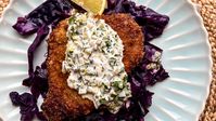 Schnitzel with Lemon-Pickle Mayo and Braised Red Cabbage and Apples