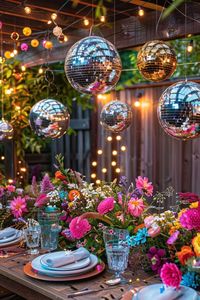 Colorful flowers and lights make great ideas for a disco garden party.