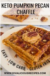 A quick and easy low carb dessert made in a waffle maker. Flavours of pumpkin, spices and pecan in a low carb waffle! #keto #chaffle #dessert #pumpkin #lowcarb #glutenfree