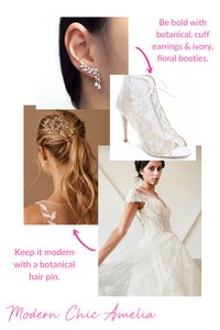 This modern wedding day look is perfect for the non-traditional boho bride! Keep the look contemporary with a bold cuff earring, and make a statement with floral or lace booties! Forego the traditional veil. Opt instead for a relaxed braid or soft ponytail, and complete the look with romantic hairpins that complement your other jewelry. Check out our other Wedding Styling Inspiration Boards, or visit our website to view our Lookbook collection for more bridal look inspiration!