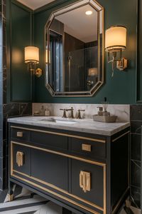 Transform your space with modern bathroom ideas featuring sleek black and gold fixtures, sophisticated marble countertops, and luxurious lighting. Elevate your home's style effortlessly with these chic details. #ModernBathroomIdeas #InteriorDesign #HomeDecor