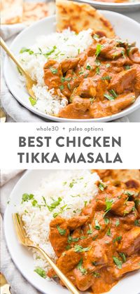 This is best chicken tikka masala recipe I've ever tried! It's authentic and tastes just like the restaurant and could trick all the takeout lovers. It's an easy process and is rich and creamy with tender bites of chicken. Healthy with Whole30, paleo, and dairy free options. With coconut milk and vegetables, it's spicy and creamy! #indian #recipe