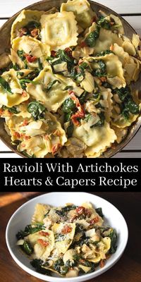 Ravioli with artichoke hearts, capers, sun-dried tomatoes, and spinach is a simple and healthy dish that everyone will love. This ravioli is great to make for lunch or dinner and is the best way to get all your veggies in too! This ravioli is packed with veggies like tomatoes and spinach, making this dish healthy and delicious. Try this flavorful recipe today!