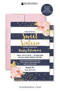 Navy and gold Sweet Sixteen birthday invitations with boho chic pink watercolor peonies and gold glitter confetti dots. Choose from ready made printed invitations with envelopes or printable sweet 16 birthday invitations. Rose shimmer envelopes also available. digibuddha.com