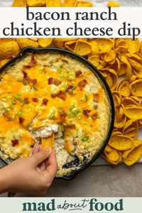 This Bacon Ranch Chicken Cheese Dip is the chicken dip you need for every football party and tailgate. Serve this chicken ranch dip with Fritos for the ultimate crowd pleaser.