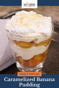 A single serving caramelized banana pudding recipe featuring homemade pudding between layers of cookies and caramelized bananas. A wonderful no-bake dessert!