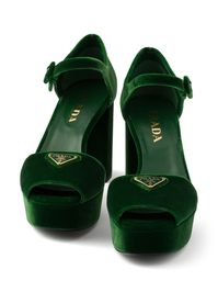 Find PRADA 95mm Velvet Platform Sandals on Editorialist. dark green velvet enamel triangle logo square open toe single toe strap buckle-fastening ankle strap 95mm block heel branded leather insole platform sole