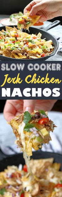 Spicy flavorful Jerk Chicken is cooked in a slow cooker, shredded and then baked on tortilla chips with cheese and black beans. It's then baked in the oven and garnished with pineapple, tomatoes, red onion, scallion, cilantro and sour cream for the perfect batch of summer nachos to serve at your next party.