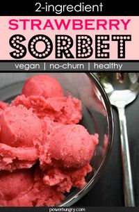 Easy, healthy, 2-ingredient strawberry sorbet made with strawberries & maple syrup! It take minutes to prepare and does not require an ice cream maker. #sorbet #2ingredients #strawberry #nochurn #strawberrysorbet #vegan #paleo #strawberrysorbet #maplesyrup