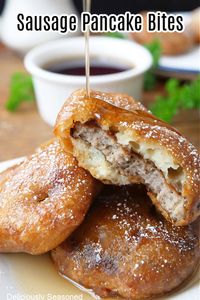 Pancake Sausage Bites is a fast, fun and easy recipe that can be eaten at breakfast or as a brunch side dish, made with sausage patties dipped in pancake batter and fried to perfection.