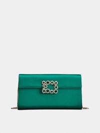 Flower Strass Colored Buckle Clutch in Satin Green Woman RBWAMFD0203RS0PZV016 | Roger Vivier