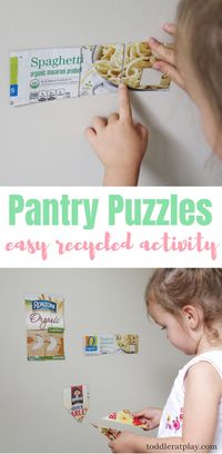 Super fun recycled activity for kids. These sticky puzzles are great for fine, small, gross motor skills and cognitive development! #puzzles #recycledcrafts